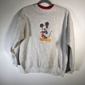 Vintage Disney Gray Ringer Mickey Mouse Embroidered Sweatshirt Sz Petite L (PL)